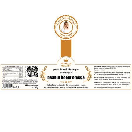 Pasta de arahide coapte cu omega 7 Peanut boost omega Secretele Ramonei, 250 g, Laboratoarele Remedia 738622
