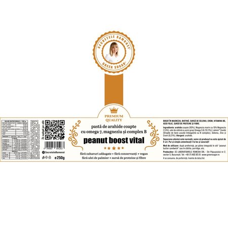 Pasta de arahide copate Peanut boost vital Secretele Ramonei, 250 g, Laboratoarele Remedia 738624