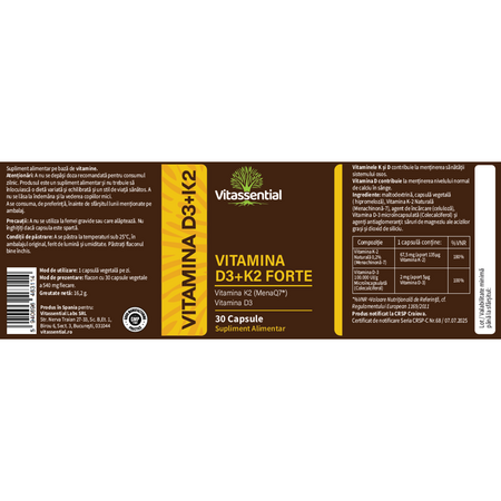Vitamina D3 + K2 Forte, 30 capsule, Vitassential 738171