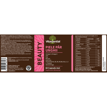 Supliment pentru piele, par si unghii Complex Beauty, 60 capsule moi, Vitassential 738224