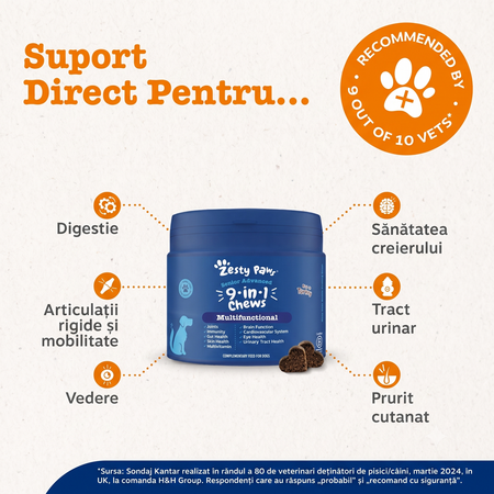 Supliment pentru caini seniori cu vitamine si probiotice Senior Advanced 9-in-1 Chews, 50 tablete masticabile, Zesty Paws 738322