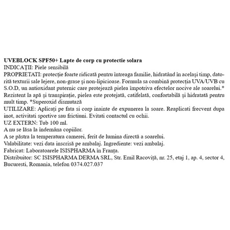 Lotiune cu protectie solara SPF 50+ Uveblock, 100 ml, Isispharma 738609