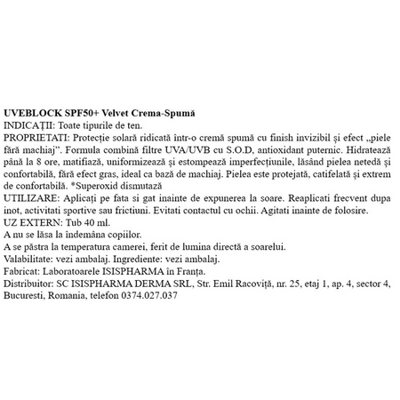 Crema cu protectie solara SPF 50 Uveblock Velvet, 40 ml, Isispharma 738613