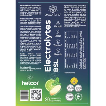 Electroliti cu aroma de menta si lime Electrolytes Bsl, 20 comprimate efervescente, BioSunLine 742557