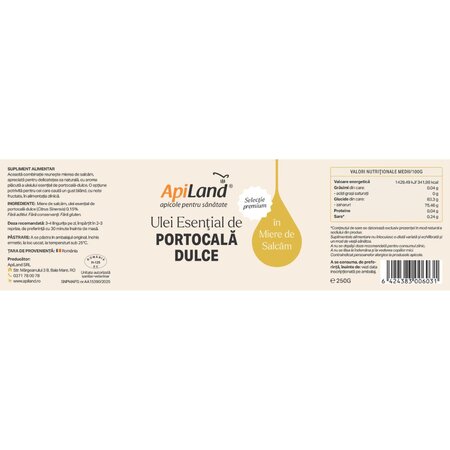 Miere de salcam cu ulei esential de portocala, 250 g, Apiland 739526