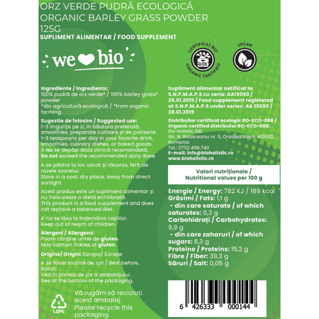 Pudra bio de orz verde, 125 g, Obio 739577