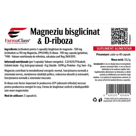 Magneziu bisglicinat & D-riboza, 40 capsule, FarmaClass 739800