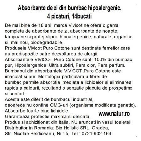 Absorbante de zi din bumbac hipoalergenic Puro Cotone, 4 picaturi, 14 bucati, Vivicot 739821