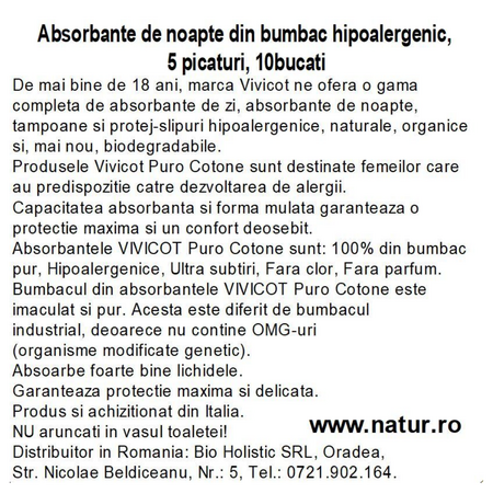 Absorbante de noapte din bumbac hipoalergenic Puro Cotone, 5 picaturi, 10 bucati, Vivicot 739826