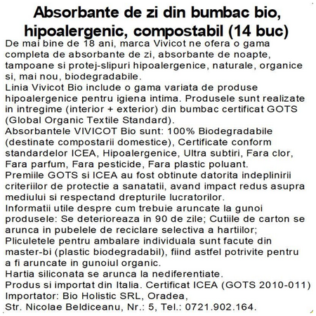 Absorbante de zi din bumbac compostabil, 4 picaturi, 14 bucati, Vivicot 739832