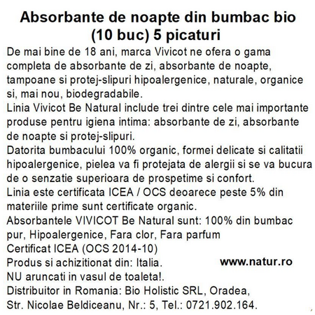 Absorbante de noapte din bumbac ecologic Be natural, 5 picaturi, 10 bucati, Vivicot 739849