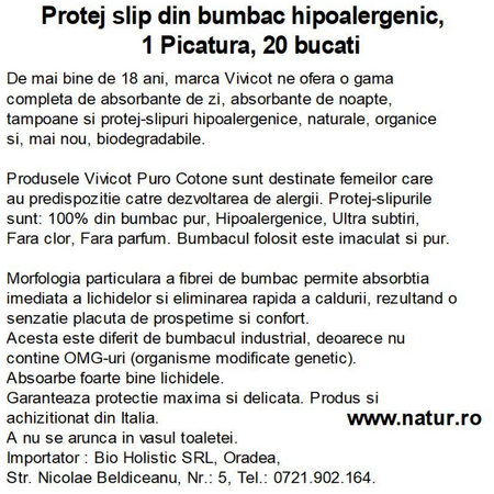 Absorbante zilnice din bumbac hipoalergenic Puro Cotone, 20 bucati, Vivicot 739858