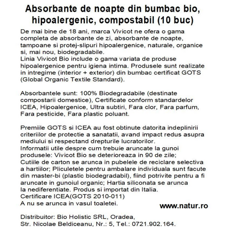 Absorbante de noapte din bumbac compostabil, 5 picaturi, 10 bucati, Vivicot 739876
