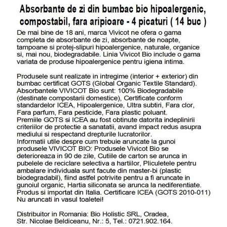 Absorbante de zi din bumbac compostabil fara aripioare, 4 picaturi, 14 bucati, Vivicot 739894