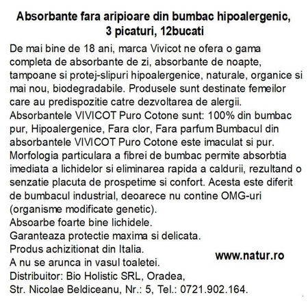 Absorbante fara aripioare din bumbac hipoalergenic Puro Cotone, 3 picaturi, 12 bucati, Vivicot 739930