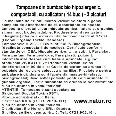 Tampoane cu aplicator din bumbac hipoalergenic, 3 picaturi, 14 bucati, Vivicot 739935