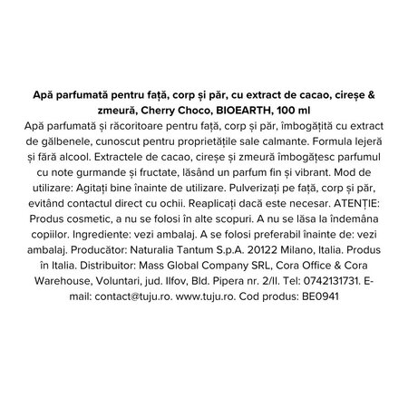 Apa parfumata cu extract de cacao, cirese si zmeura Cherry Choco, 100 ml, Bioearth 740439