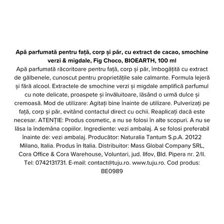 Apa parfumata cu extract de cacao, smochine verzi si migdale Fig Choco, 100 ml, Bioearth 740453