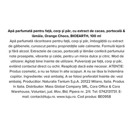 Apa parfumata cu extract de cacao, portocala si lamaie Orange Choco, 100 ml, Bioearth 740465