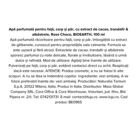 Apa parfumata cu extract de cacao, trandafir si albastrele Rose Choco, 100 ml, Bioearth 740473
