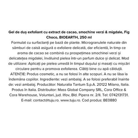 Gel de dus exfoliant cu extract de cacao, smochine verzi si migdale Fig Choco, 250 ml, Bioearth 740484