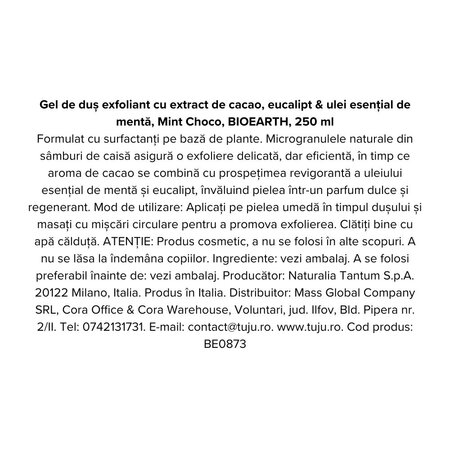 Gel de dus exfoliant cu extract de cacao, eucalipt si menta Mint Choco, 250 ml, Bioearth 740487