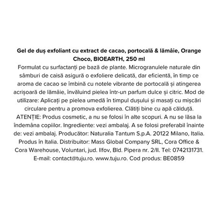 Gel de dus cu extract de cacao, portocala si lamaie Orange Choco, 250 ml, Bioearth 740493