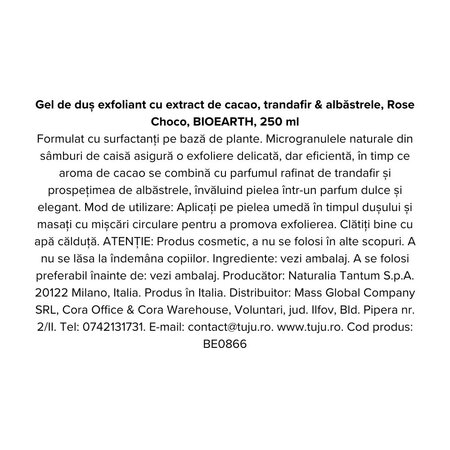Gel de dus exfoliant cu extract de cacao, trandafir si albastrele Rose Choco, 250 ml, Bioearth 740503