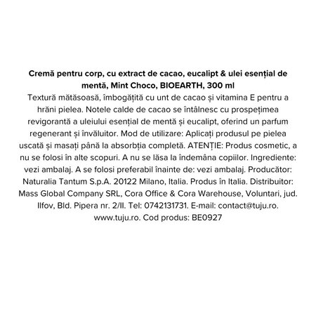 Crema de corp cu extract de cacao, eucalipt si menta Mint Choco, 300 ml, Bioearth 740523