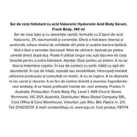 Ser de corp hidratant cu acid hialuronic, 140 ml, Frank Body 740738