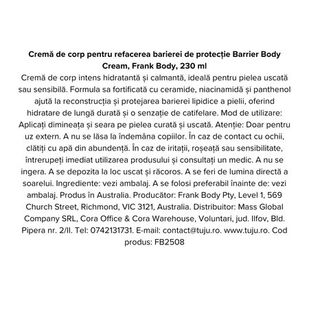Crema de corp hidratanta cu ceramide si niacinamida Barrier, 230 ml, Frank Body 740754
