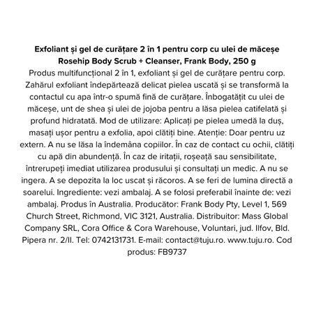 Exfoliant si gel de curatare 2 in 1 pentru corp cu ulei de macese, 250 g, Frank Body 740772
