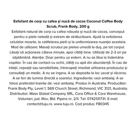 Exfoliant de corp cu cafea si nuca de cocos Coconut Coffee, 200 g, Frank Body 740840