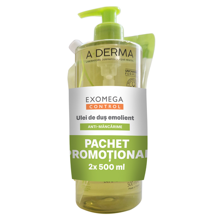 Pachet Ulei de dus emolient + Rezerva Ulei de dus emolient Exomega Control, 500 ml + 500 ml, A-Derma