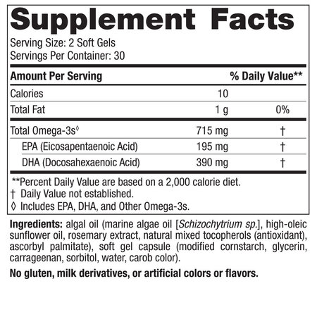 Omega 3 vegan din alge Algae Omega, 715 mg, 60 capsule moi, Nordic Naturals 742582