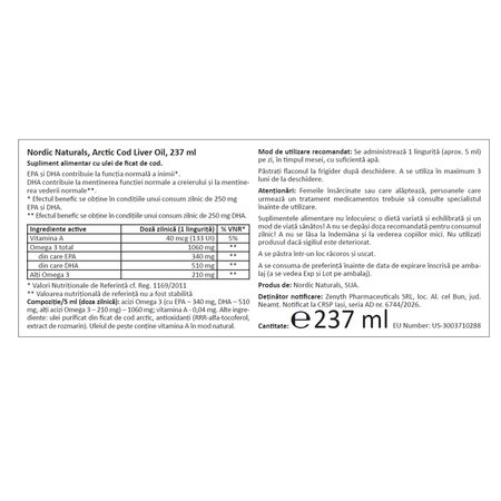 Ulei din ficat de cod fara aroma Arctic Cod Liver Oil, 237 ml, Nordic Naturals 748953