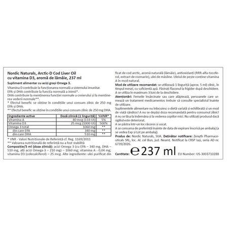 Ulei din ficat de cod cu aroma de lamaie Arctic-D Cod Liver Oil, 237 ml, Nordic Naturals 748934