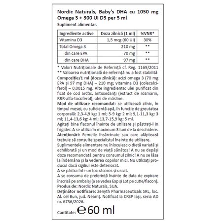 Omega 3 cu vitamina D3 pentru bebelusi si copii Baby's DHA, 60 ml, Nordic Naturals 748832