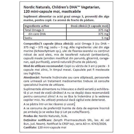 Omega 3 pentru copii Children's DHA Vegetarian, 375 mg, 120 capsule masticabile, Nordic Naturals 748905