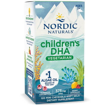 Omega-3 vegan pentru copii cu aroma de fructe de padure Children's DHA, 375 mg, 120 mini capsule, Nordic Naturals
