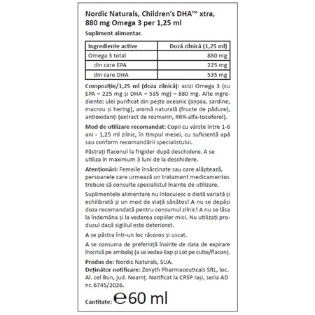 Omega 3 pentru copii Children's DHA Xtra, 880 mg, 60 ml, Nordic Naturals 748870
