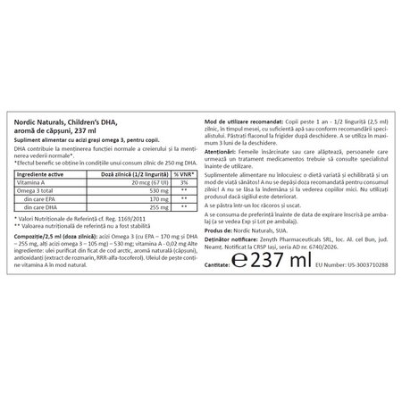 Omega-3 cu aroma de capsuni pentru copii Children's DHA, 237 ml, Nordic Naturals 748947
