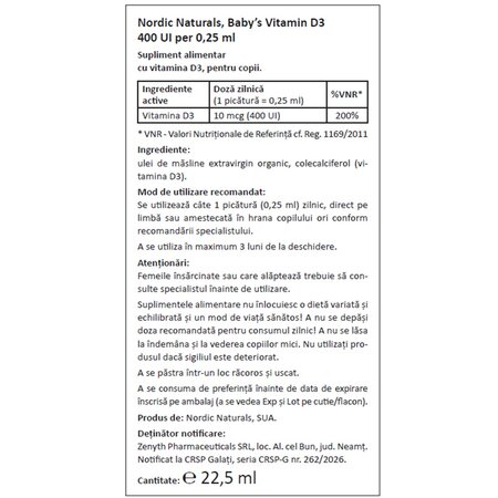 Vitamina D3 lichida pentru copii Baby's Vitamin D3, 400 UI, 22.5 ml, Nordic Naturals 748854