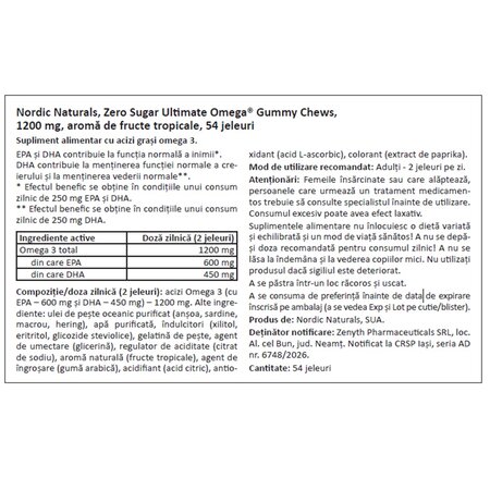 Omega 3 cu aroma de fructe tropicale Zero Sugar Ultimate Omega Gummy Chews, 54 jeleuri, Nordic Naturals 748917