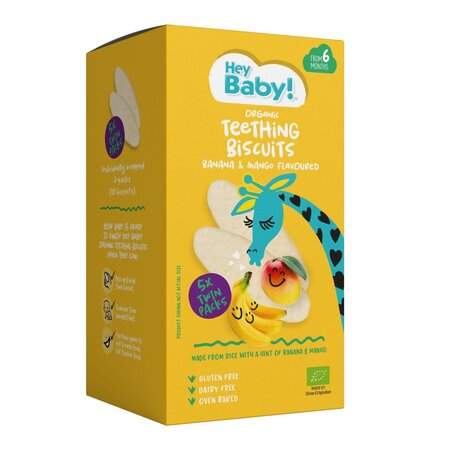Biscuiti Bio pentru dentitie cu banana si mango, +6 luni, 21 g, Hey Baby