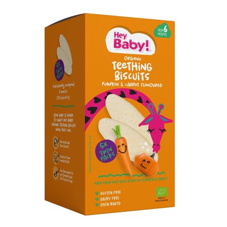 Biscuiti Bio pentru dentitie cu morcov si dovleac, +6 luni, 21 g, Hey Baby