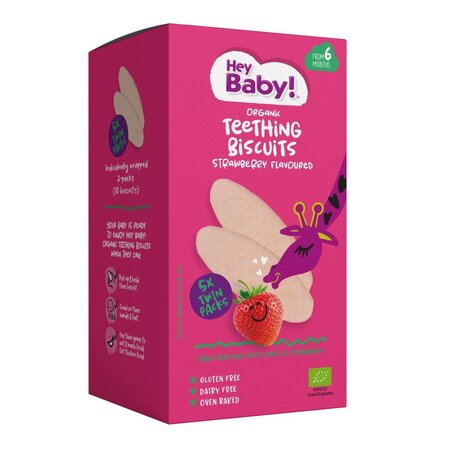 Biscuiti Bio pentru dentitie cu capsuni, +6 luni, 21 g, Hey Baby