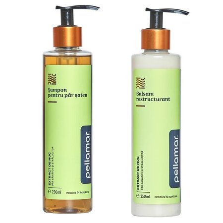 Set Sampon cu extract de nuc pentru par saten + Balsam restructurant cu extract de nuc si cheratina Beauty Hair Deluxe, 250 ml + 250 ml, Pellamar