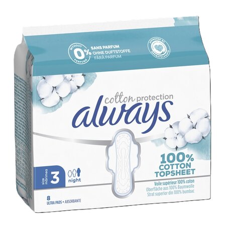 Absorbante din bumbac de noapte Night Cotton Protection, Marimea 3, 8 bucati, Always 743877
