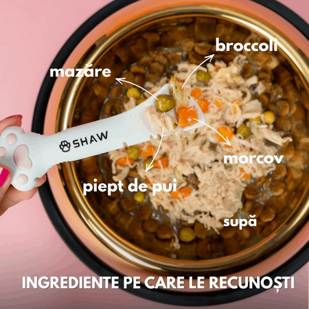 Hrana umeda cu piept de pui, morcov, broccoli si mazare in supa pentru caini Topper, 170 g, SHAW 743533